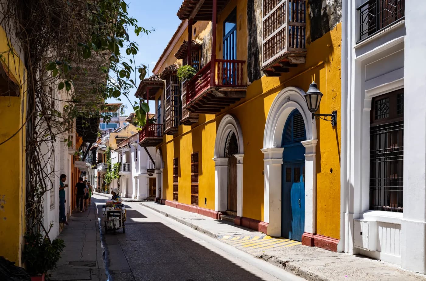 Colorful colonial buildings on a street in Cartagena