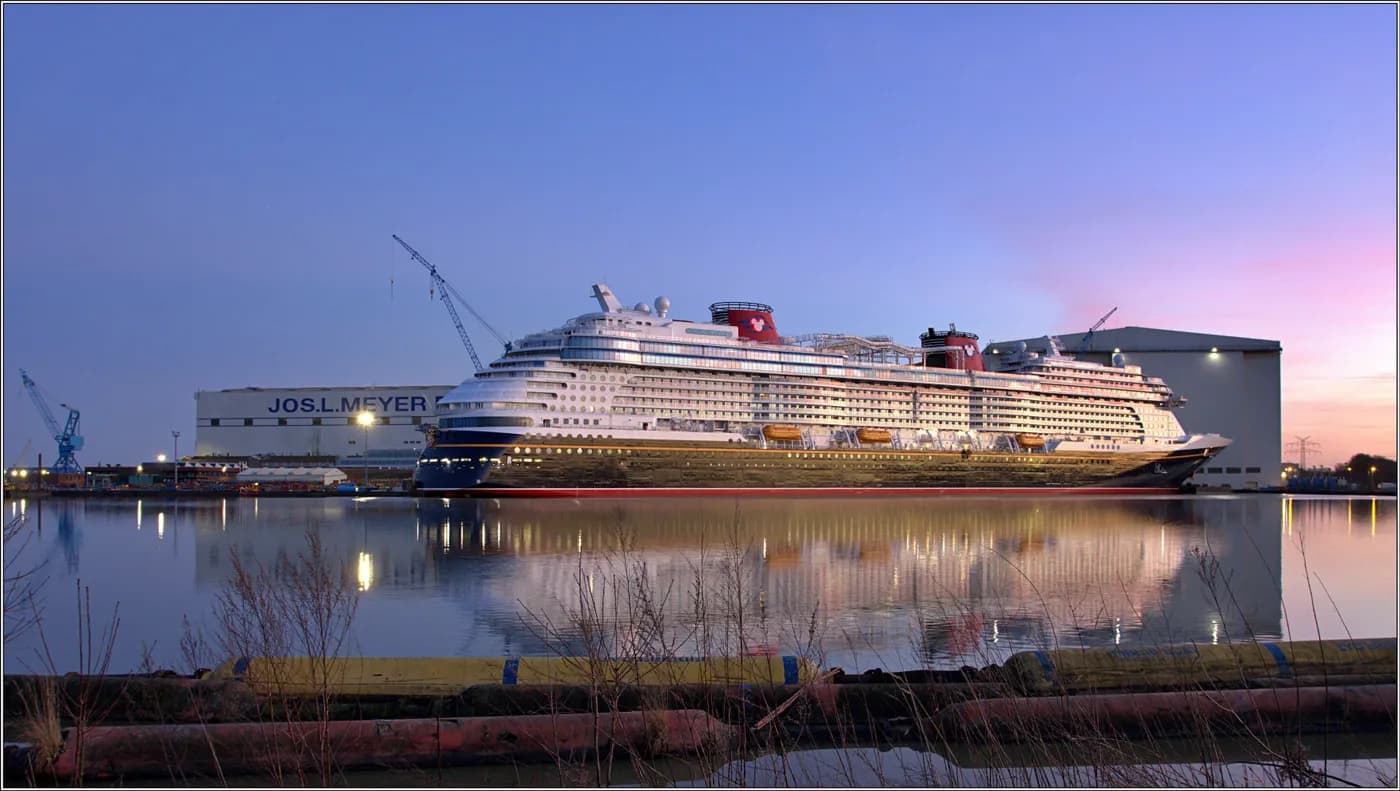 Disney Wish at the Meyer Werft shipyard in Papenburg after sunset