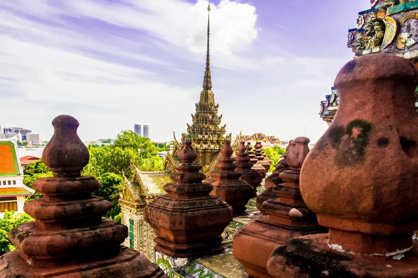 Decorative temple towers viewed from Wat Arun in Bangkok