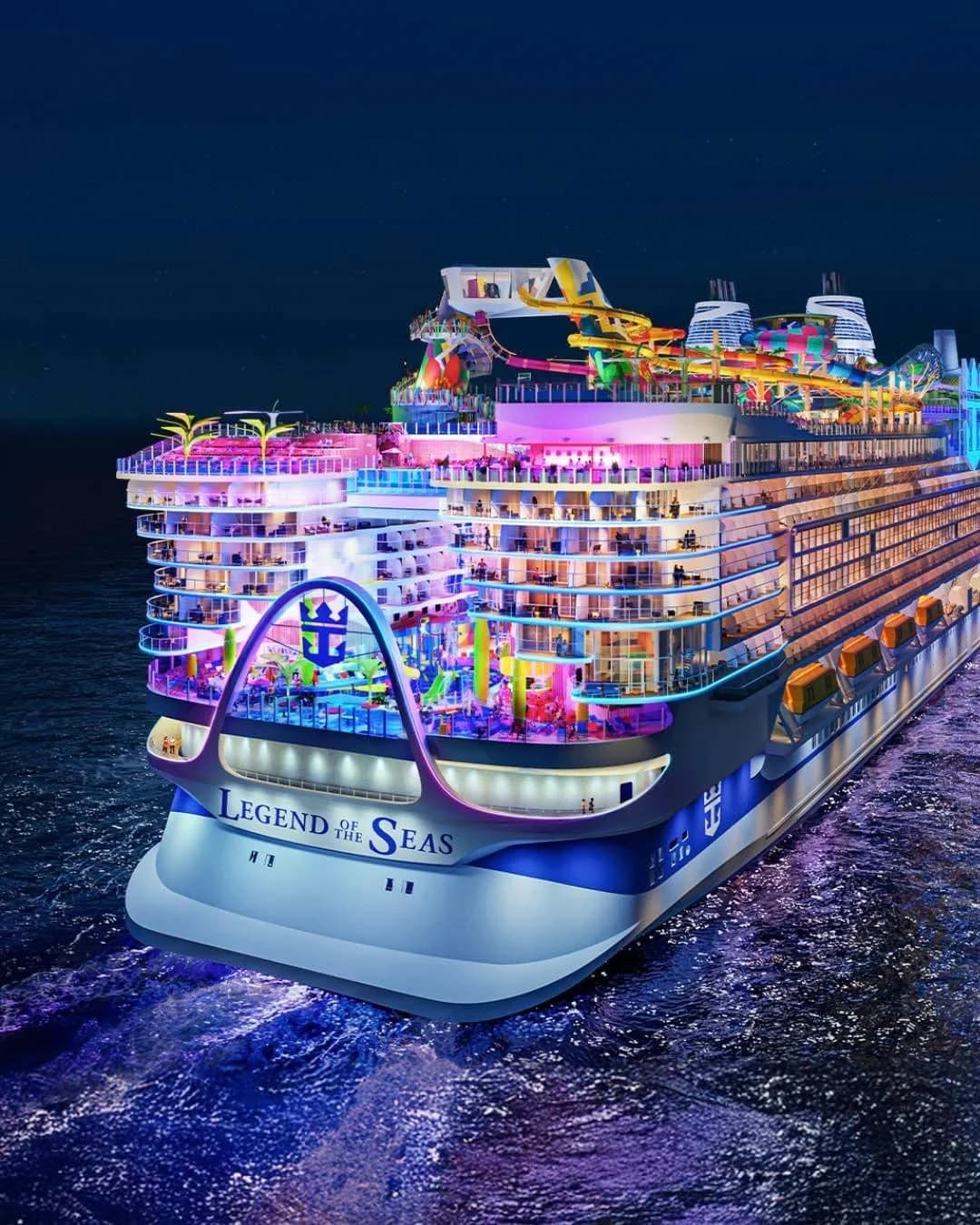 Royal Caribbean’s Legend of the Seas illuminated at night