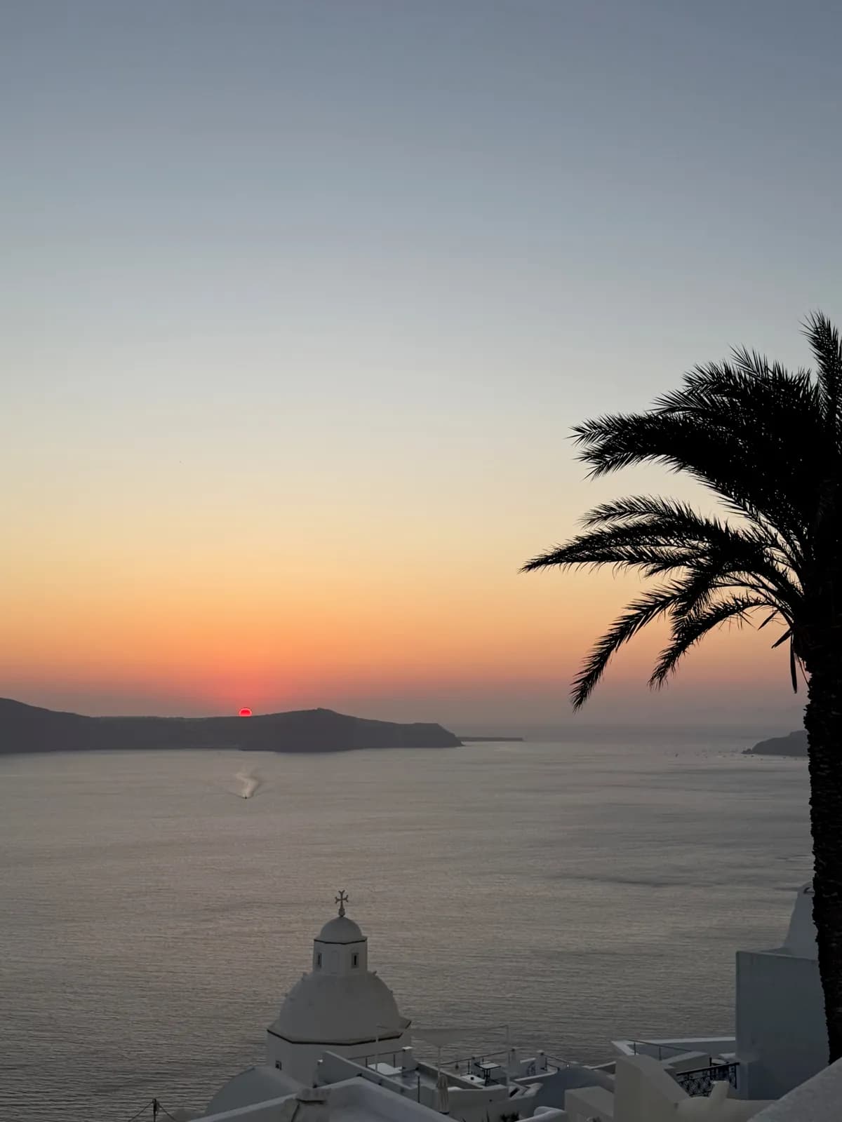 Sunset over the sea with a white dome and palm tree